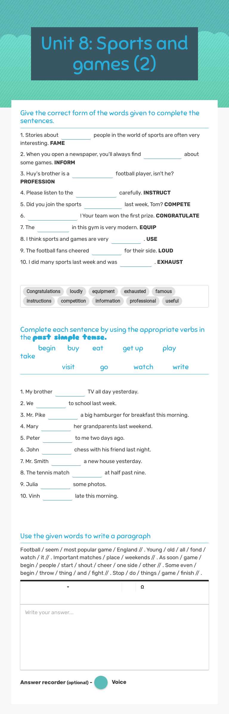 Unit 8: Sports and games (2) worksheet preview image