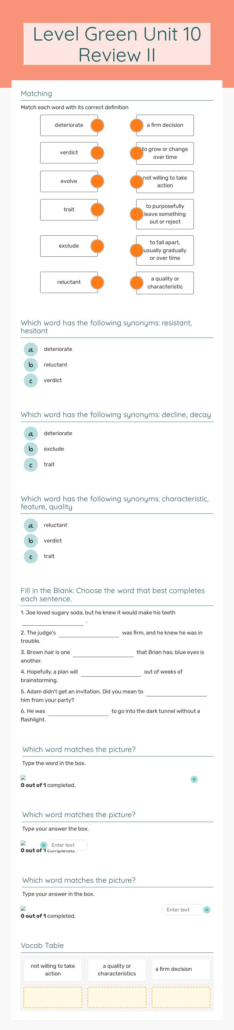 Level Green Unit 10 Review II worksheet preview image