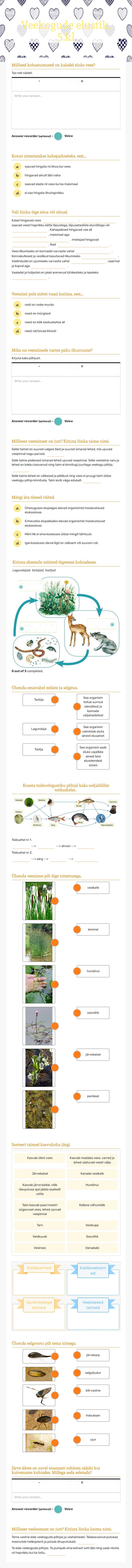 Veekogude elustik, 5.kl worksheet preview image