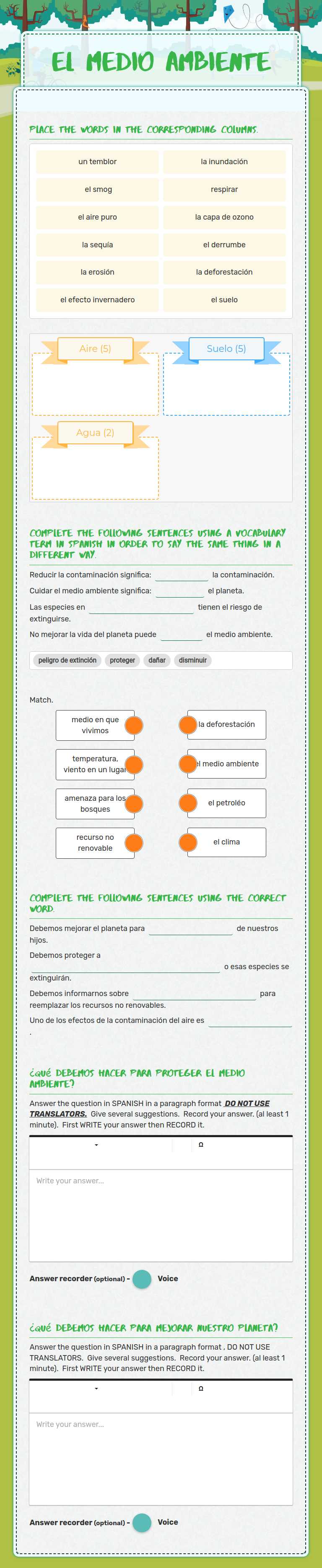 El Medio ambiente worksheet preview image