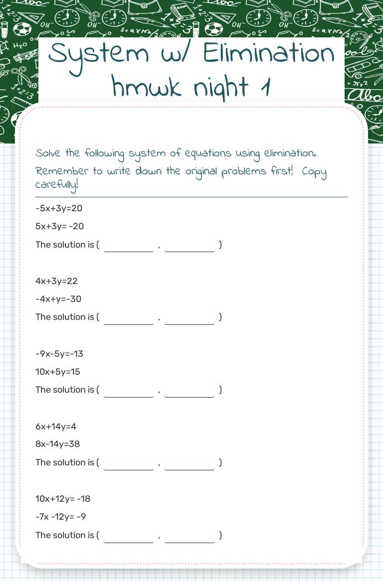 System w/ Elimination hmwk night 1 worksheet preview image