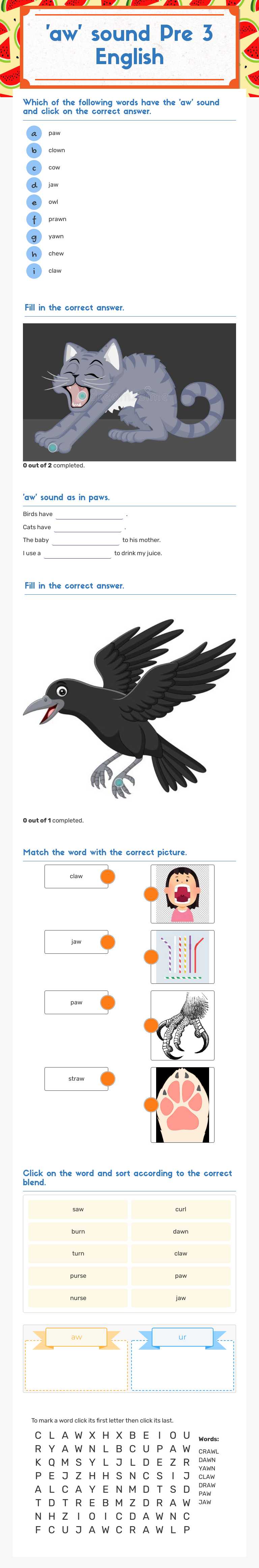 'aw' sound
Pre 3 English worksheet preview image