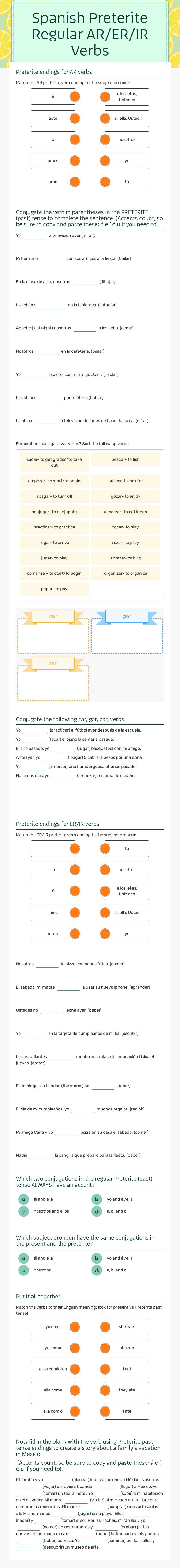 Spanish Preterite Regular AR/ER/IR Verbs worksheet preview image