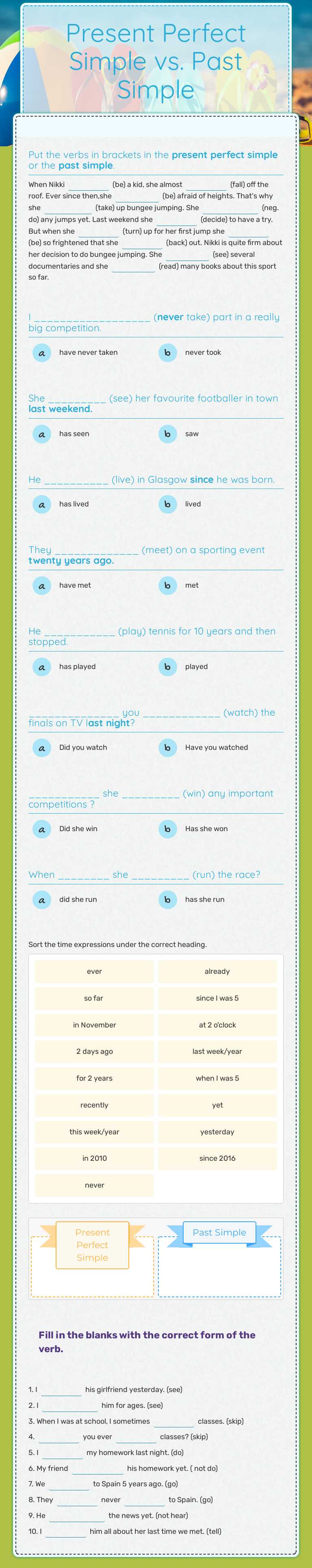 Present Perfect Simple vs. Past Simple Grade 8 worksheet preview