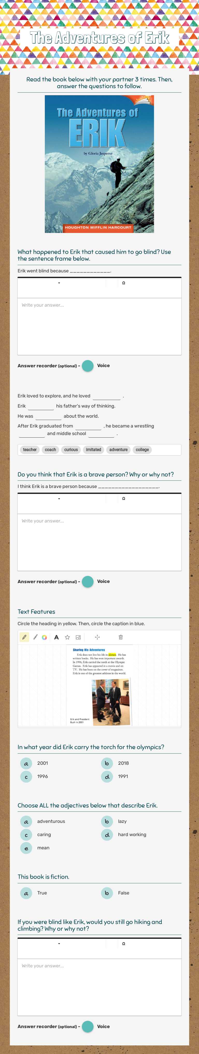 The Adventures of Erik worksheet preview image