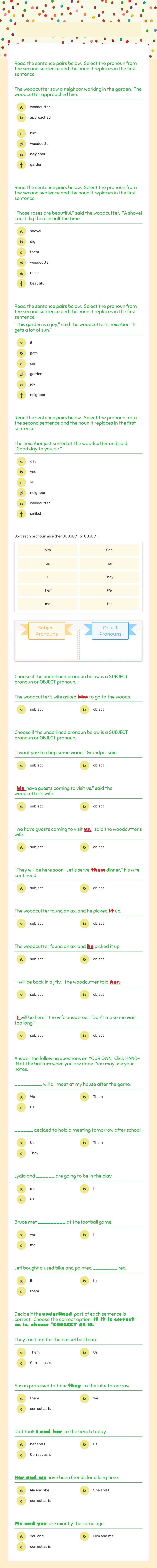 Subject and Object Pronouns worksheet preview image