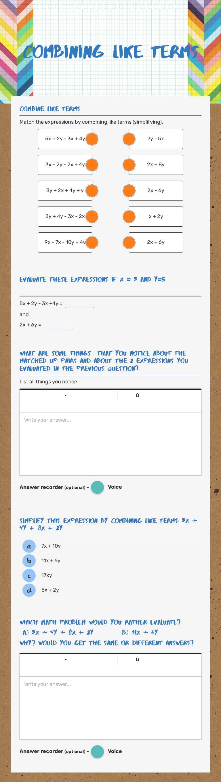 Combining like Terms worksheet preview image