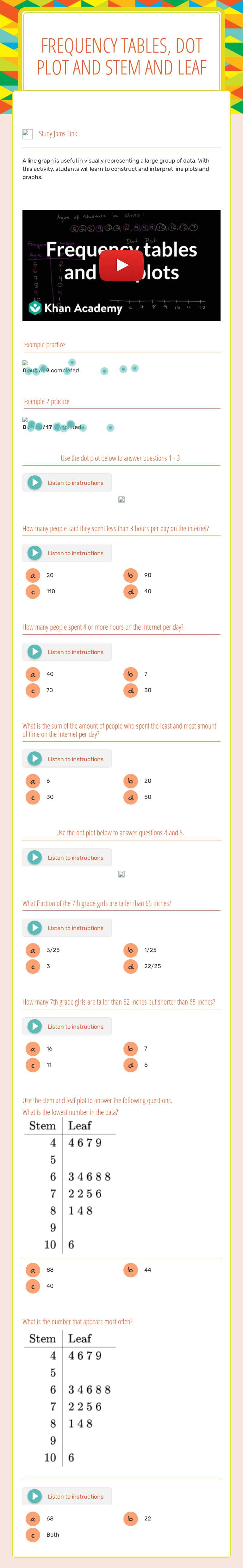 Learn to read and interpret frequency tables, dot plots, and stem and ...