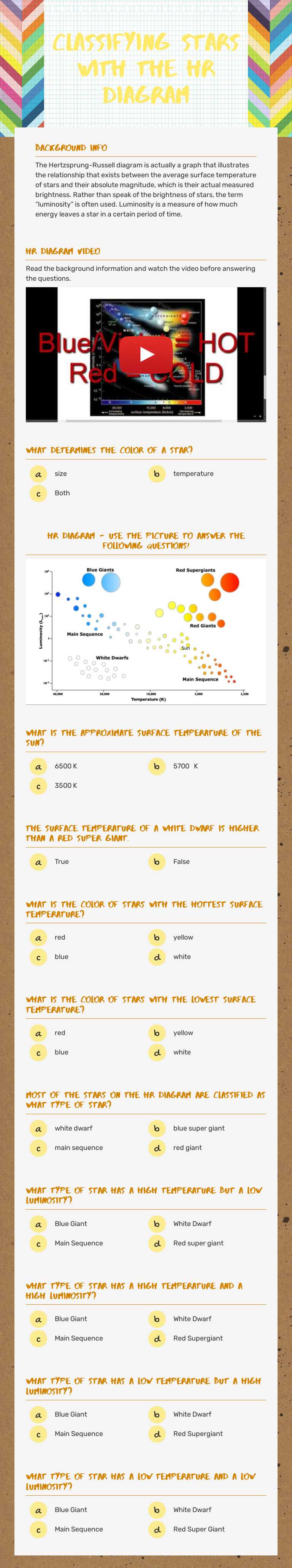 Classifying Stars with the HR Diagram worksheet preview image