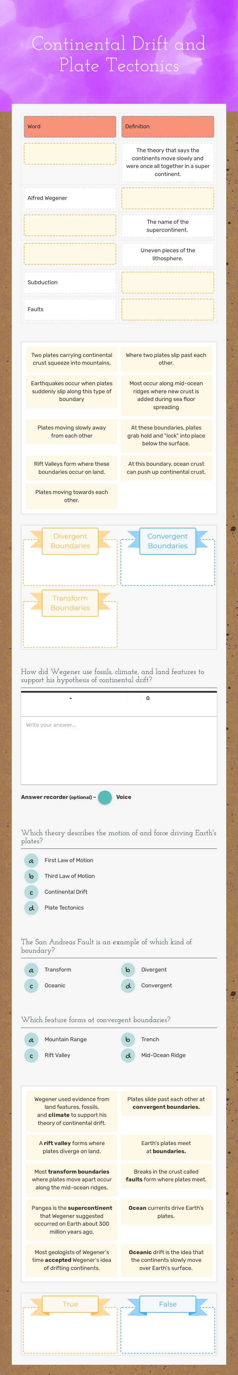 Continental Drift and Plate Tectonics worksheet preview image