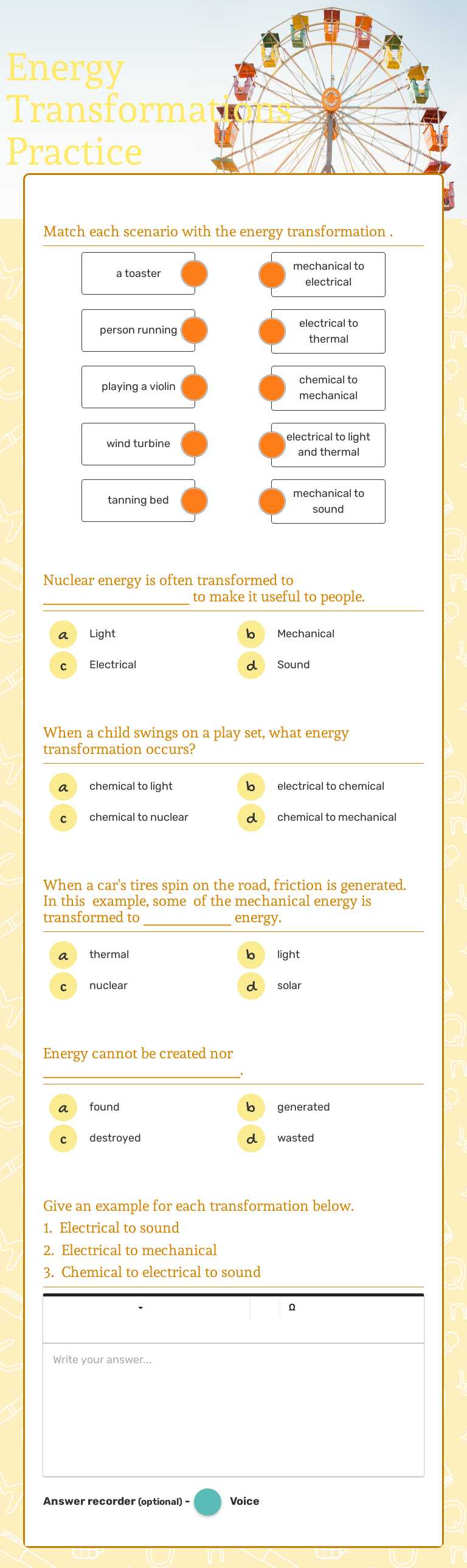 Energy Transformations Practice Grade 6 worksheet preview