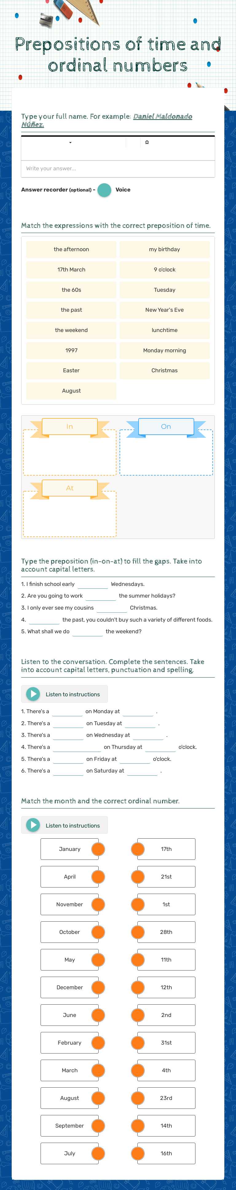 Prepositions of time and ordinal numbers worksheet preview image