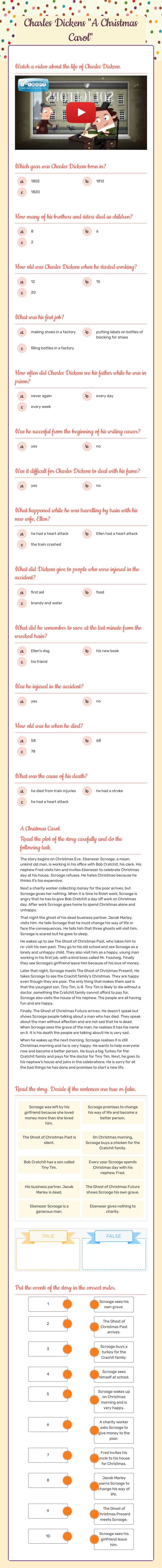 Charles Dickens "A Christmas Carol" worksheet preview image