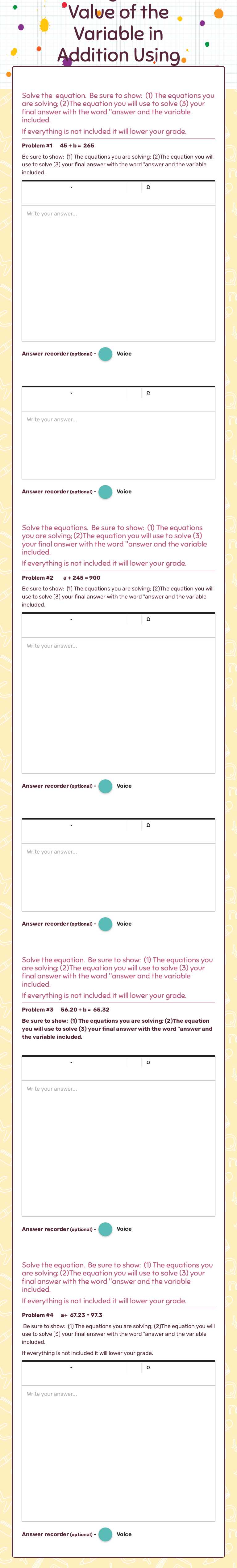 Solving for the Value of the Variable in Addition Using Subtraction Activity #3 Grade 4 worksheet preview