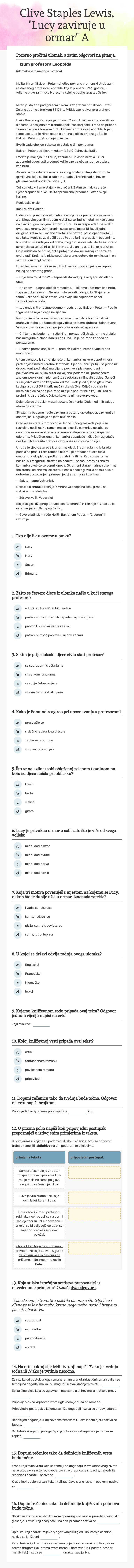 Clive Staples Lewis, "Lucy zaviruje u ormar" A worksheet preview image