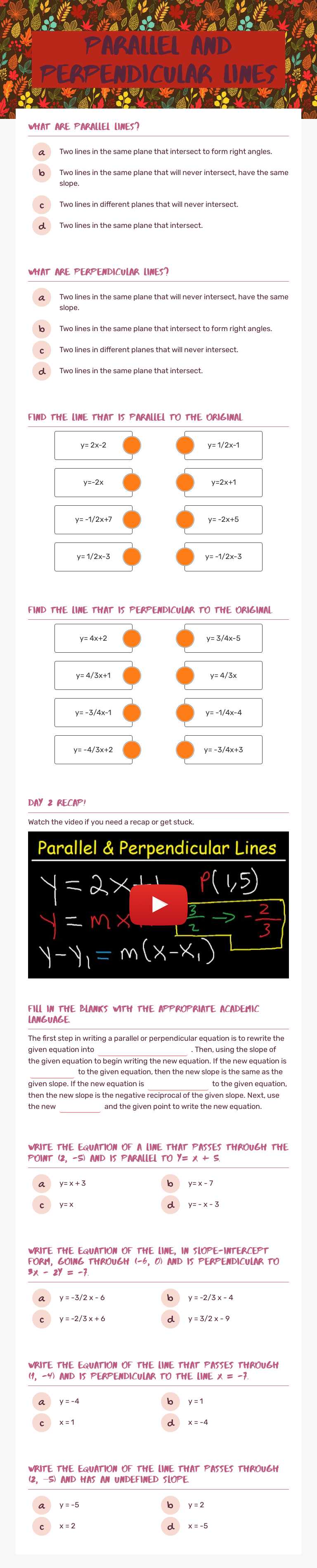 Parallel and Perpendicular Lines worksheet preview image