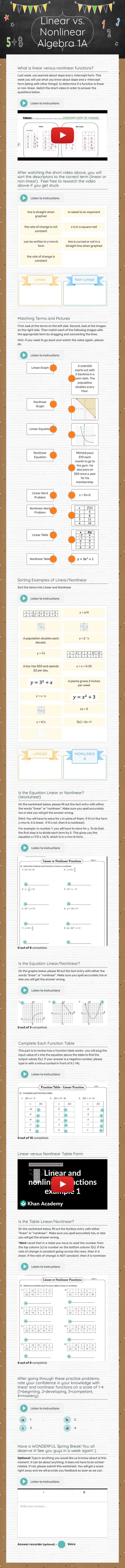 Linear vs. Nonlinear Algebra 1A worksheet preview image
