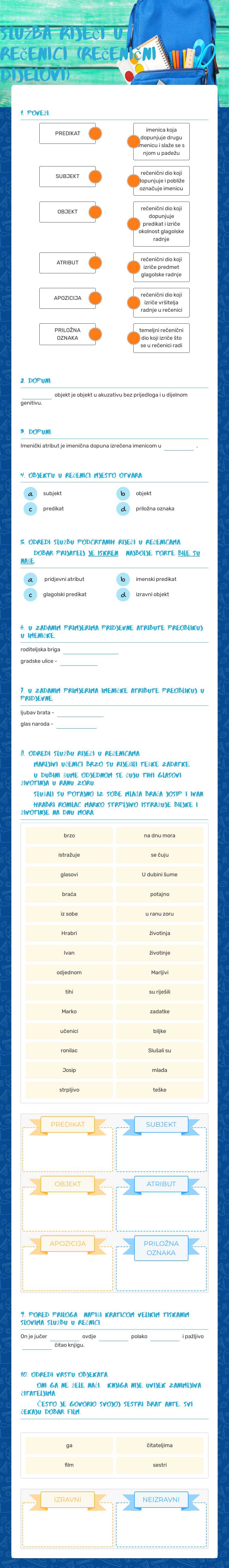 služba riječi u rečenici (rečenični dijelovi) Grade 8 worksheet preview