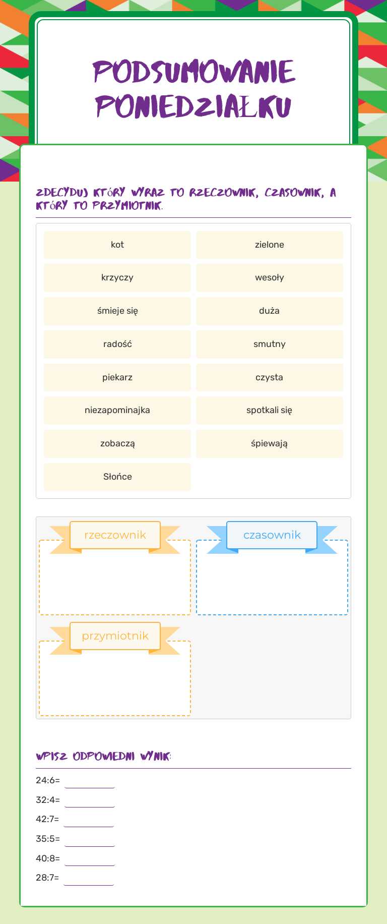 podsumowanie poniedziałku worksheet preview image