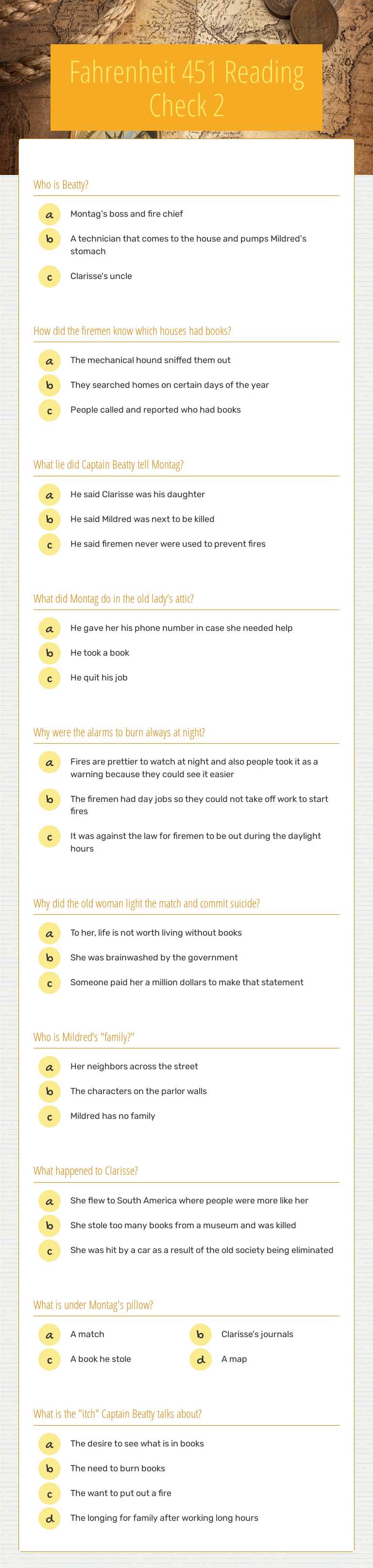 Fahrenheit 451 Reading Check 2 worksheet preview image