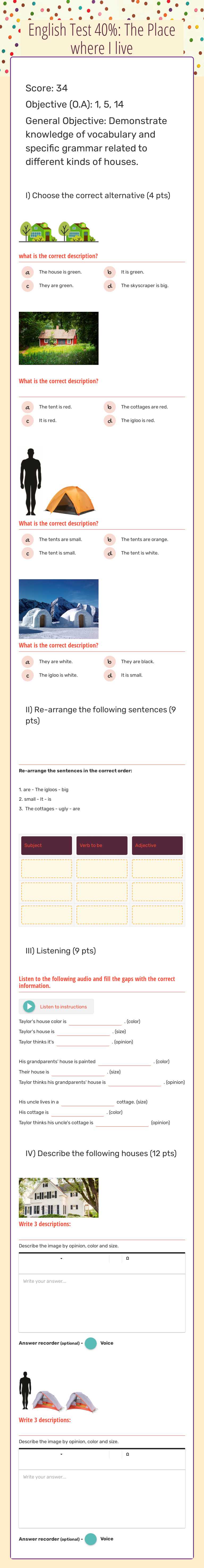 English Test 40%: The Place where I live worksheet preview image