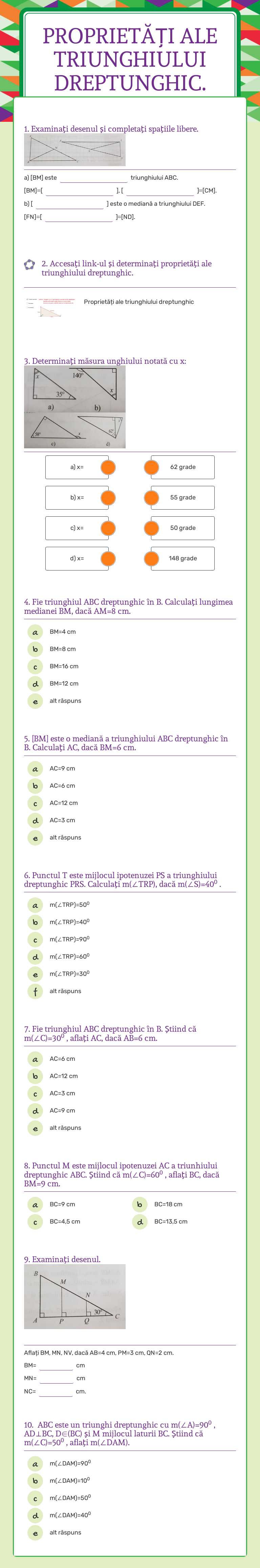 Proprietăți ale triunghiului dreptunghic. worksheet preview image