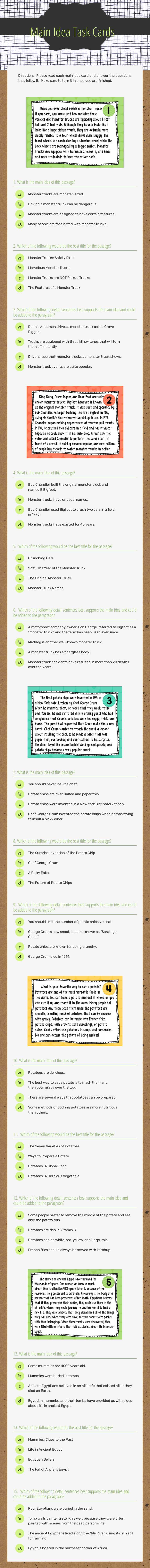 Main Idea Task Cards worksheet preview image