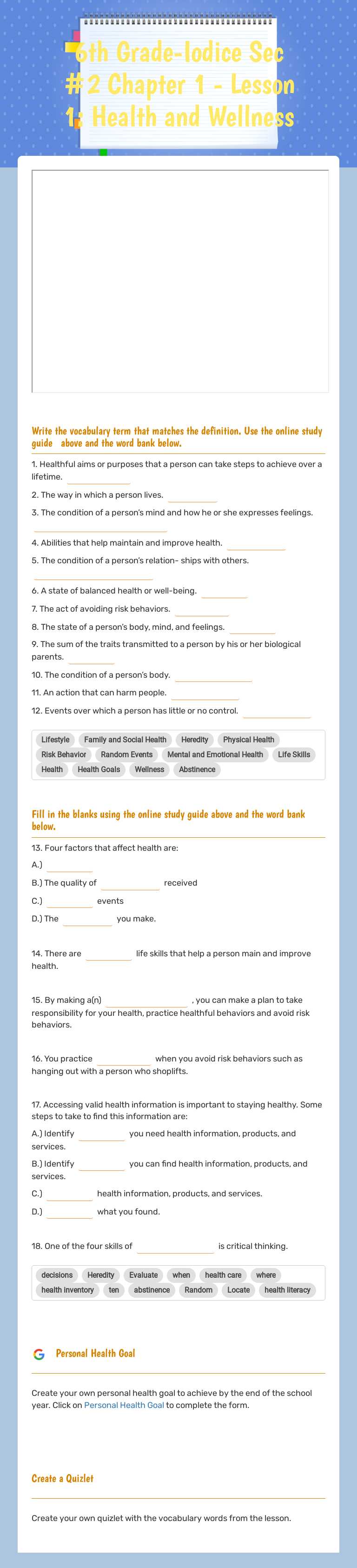 6th Grade-Iodice Sec #2          
 Chapter 1 - Lesson 1: Health and Wellness worksheet preview image