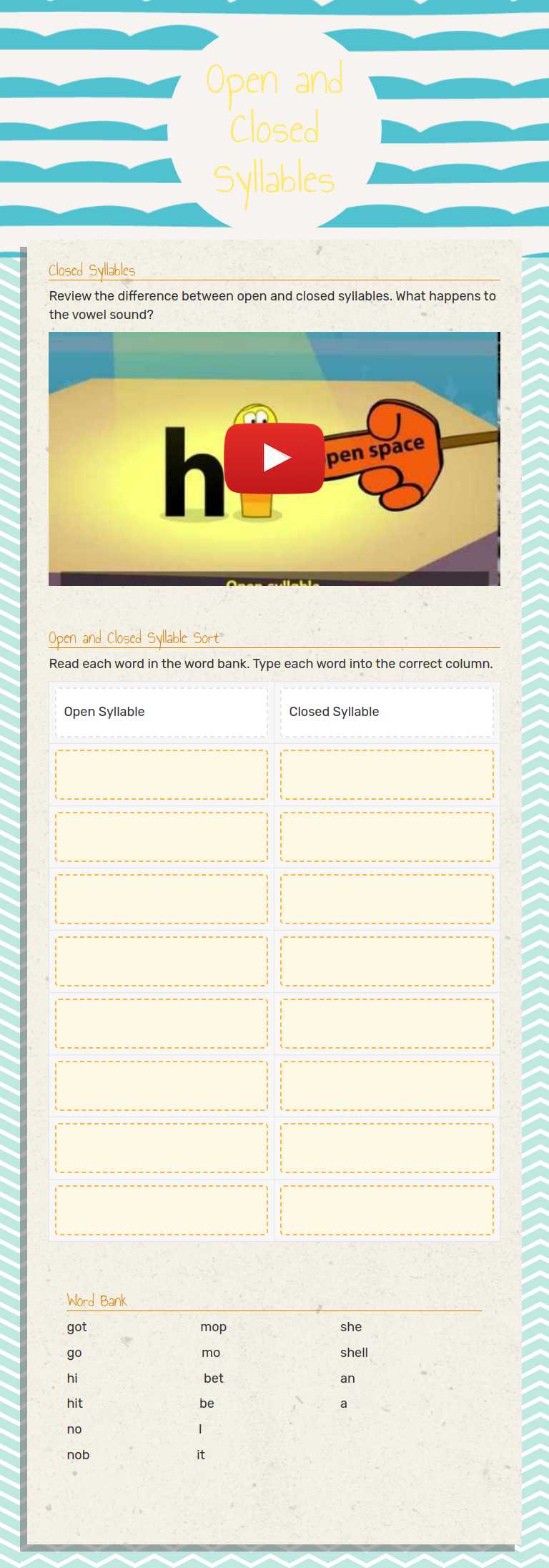 Open and Closed Syllables worksheet preview image