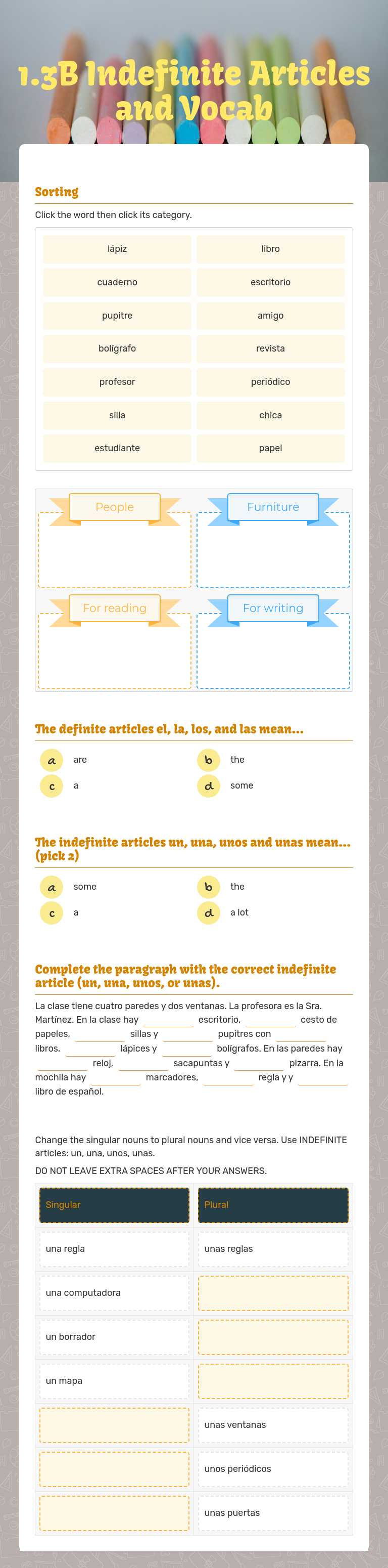 1.3B Indefinite Articles and Vocab worksheet preview image