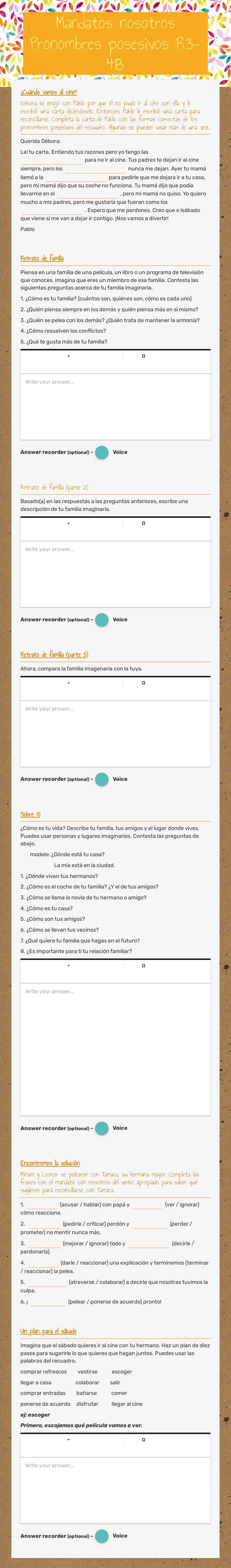 Mandatos nosotros Pronombres posesivos R3-4B worksheet preview image