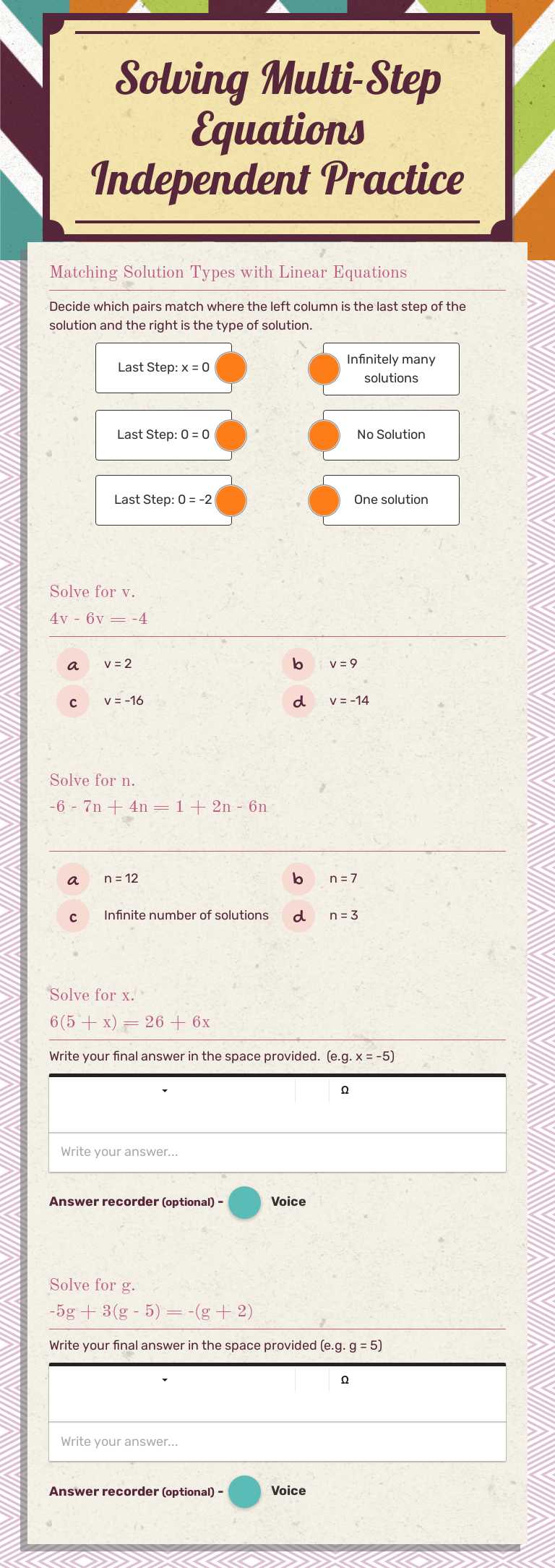Solving Multi-Step Equations Independent Practice worksheet preview image