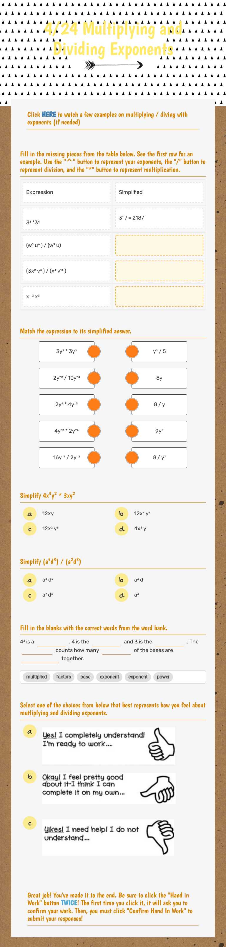 4/24 Multiplying and Dividing Exponents Grade 9 worksheet preview