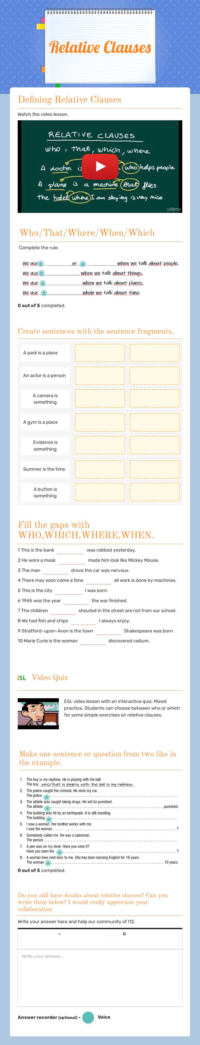 Relative Clauses Other worksheet preview