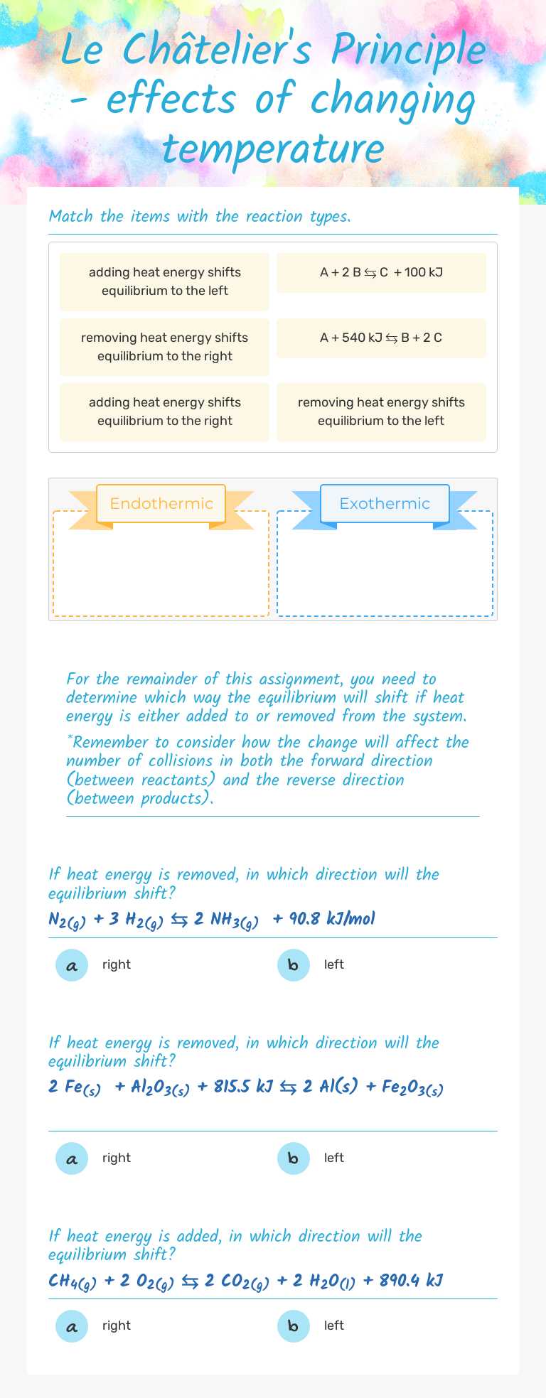 Le Châtelier's Principle - effects of changing temperature worksheet preview image