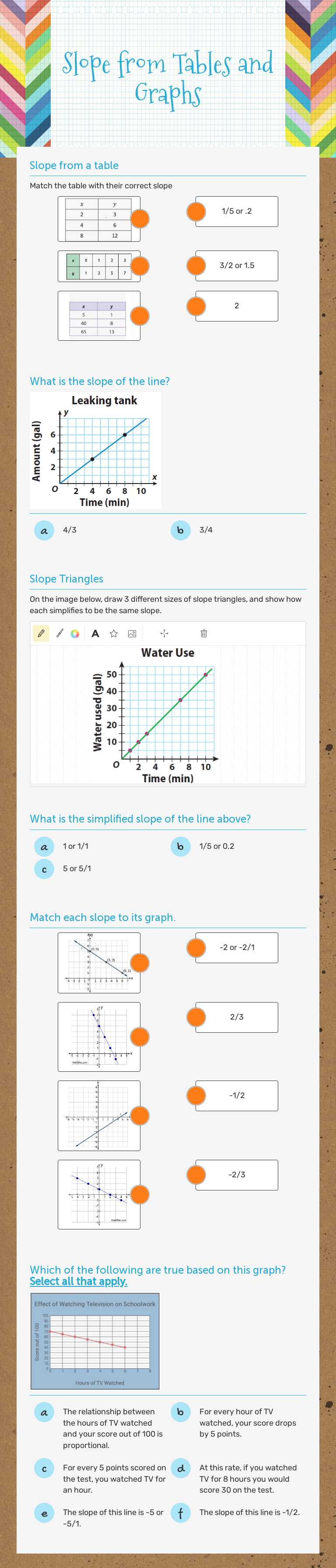 Slope from Tables and Graphs Grade 8 worksheet preview