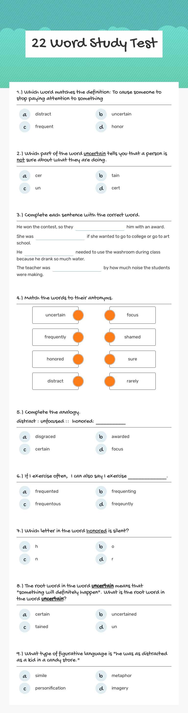 22 Word Study Test worksheet preview image