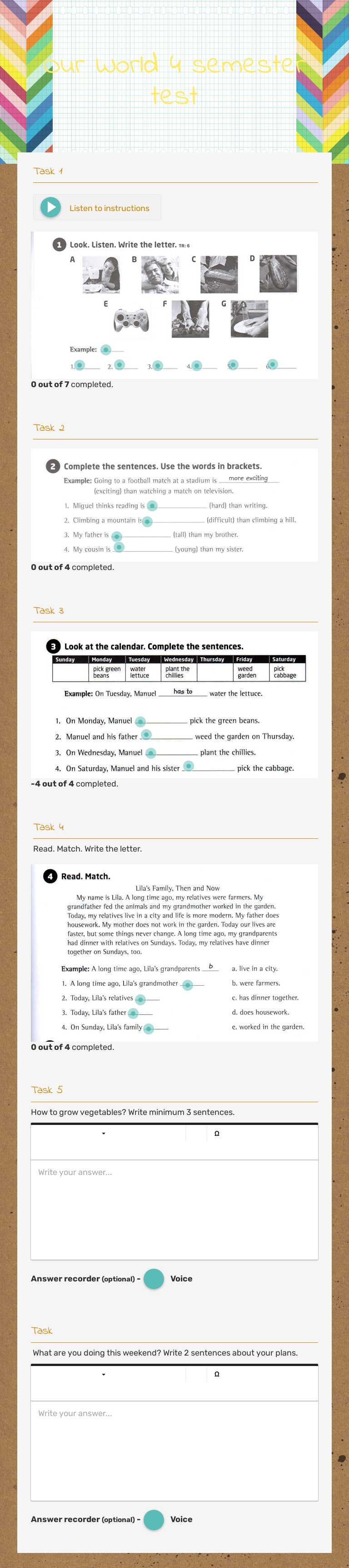 Our World 4 semester test worksheet preview image