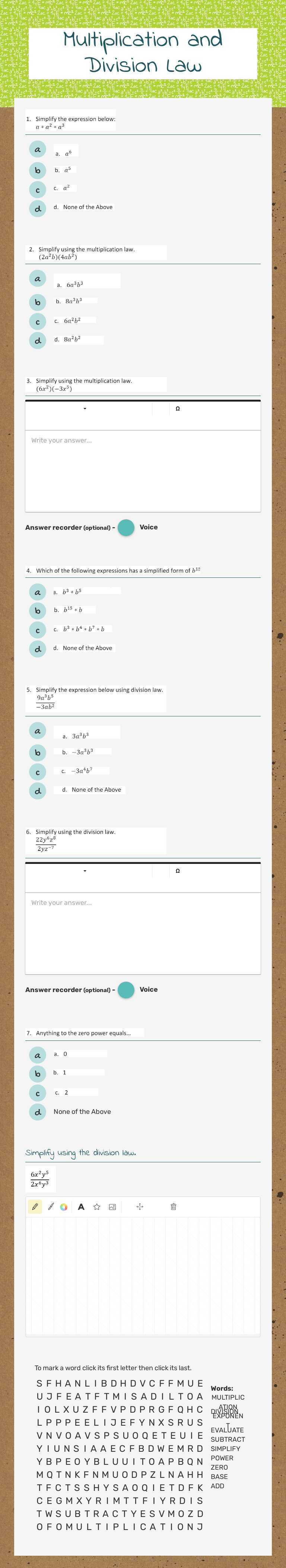 Multiplication and Division Law worksheet preview image