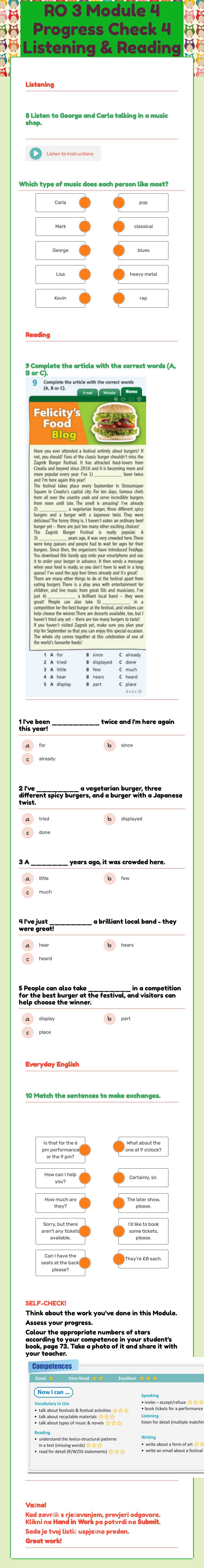 RO 3 Module 4 Progress Check 4 Listening & Reading & Everyday English worksheet preview image