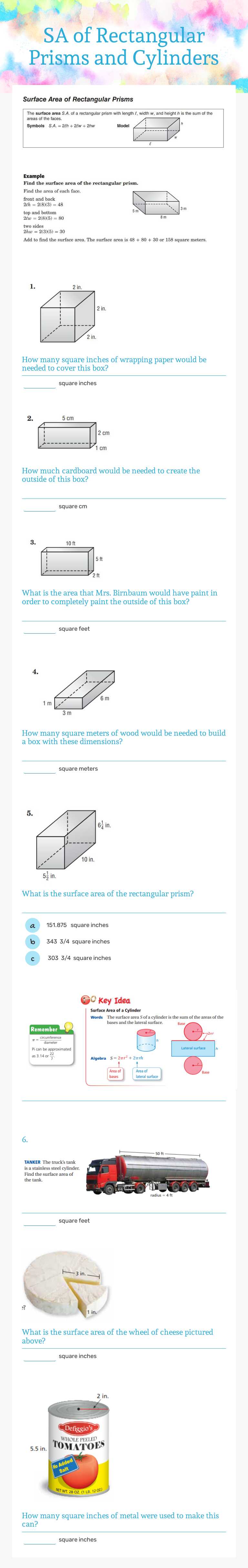 SA of Rectangular Prisms and Cylinders worksheet preview image