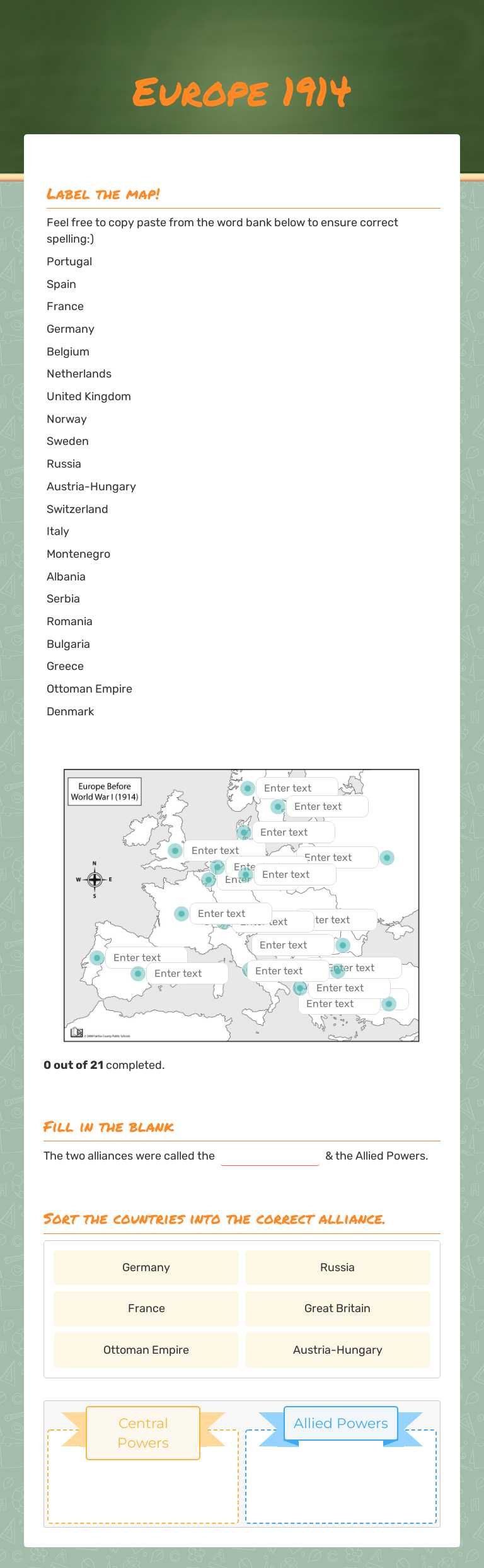 Europe 1914 worksheet preview image