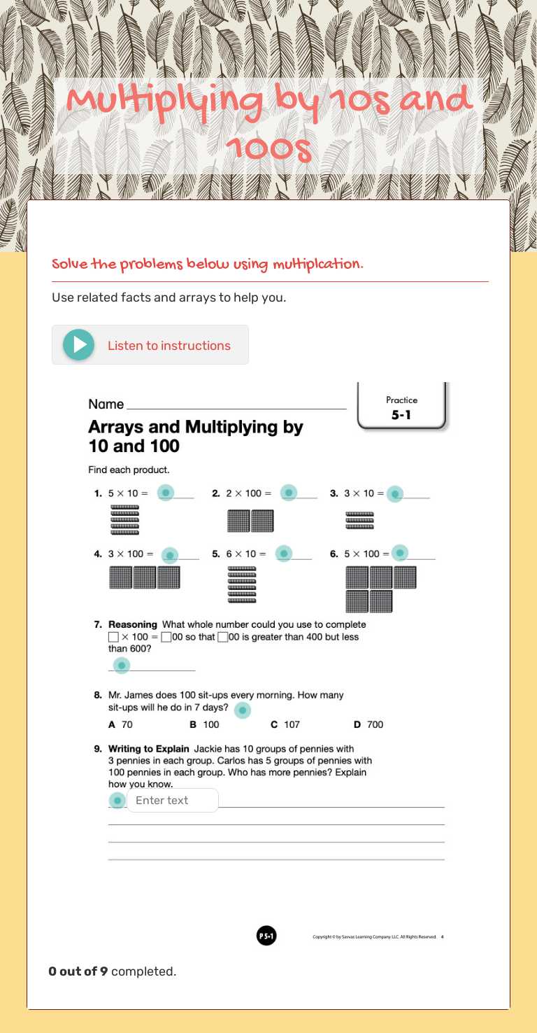 Multiplying by 10s and 100s worksheet preview image