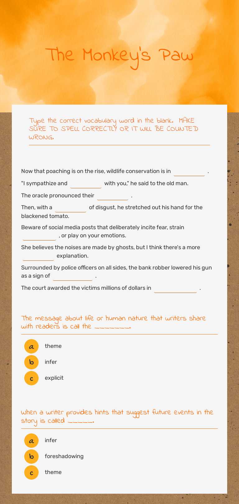 The Monkey's Paw worksheet preview image