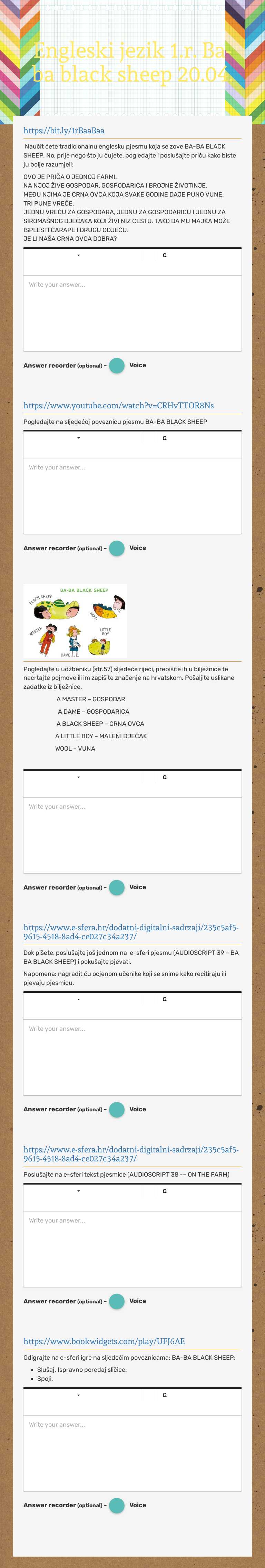 Engleski jezik 1.r. Ba-ba black sheep  20.04. worksheet preview image