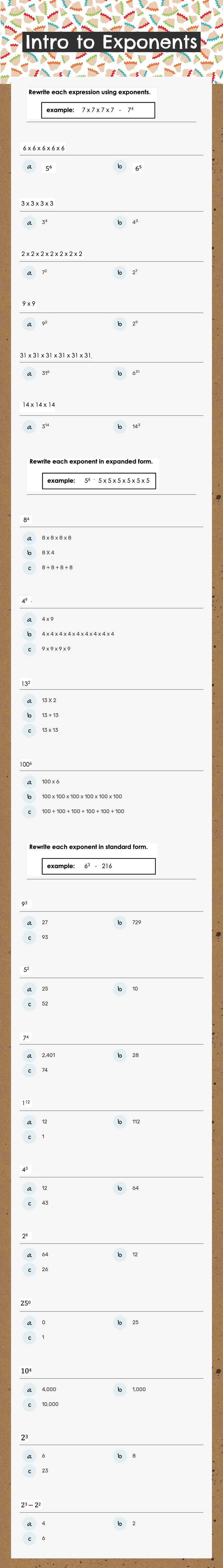 Intro to Exponents worksheet preview image