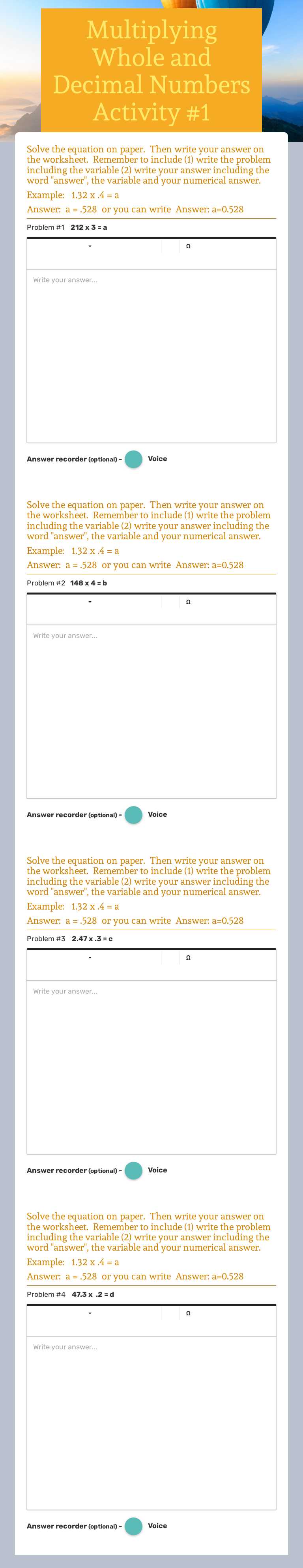 Multiplying Whole and Decimal Numbers Activity #1 worksheet preview image
