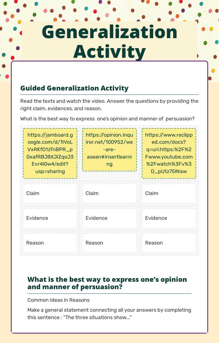 Generalization Activity Grade 8 worksheet preview