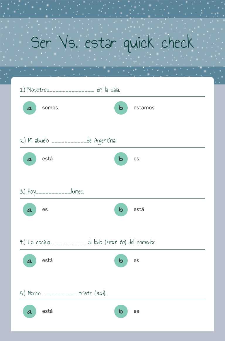 Ser Vs. estar quick check by Catherine Yates | Interactive Worksheet ...