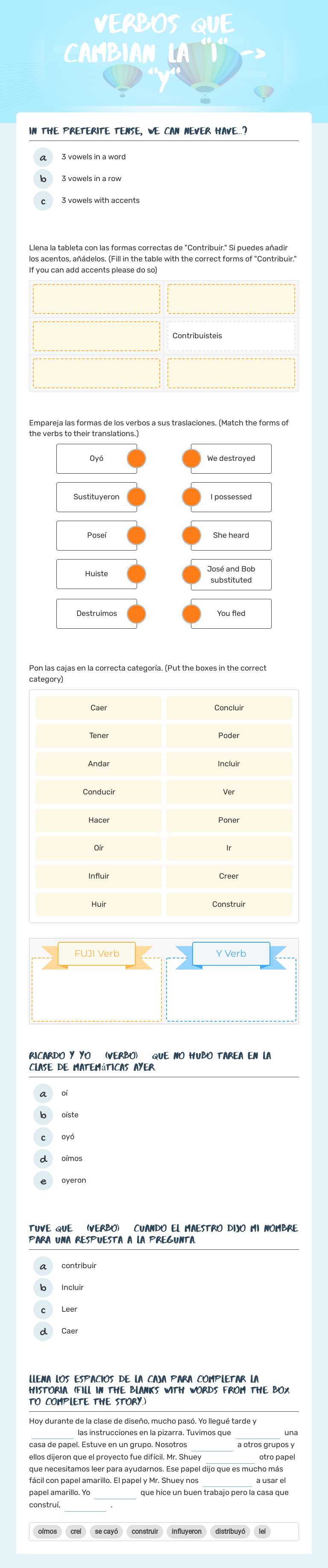 Verbos que cambian la "I" -> "Y" worksheet preview image
